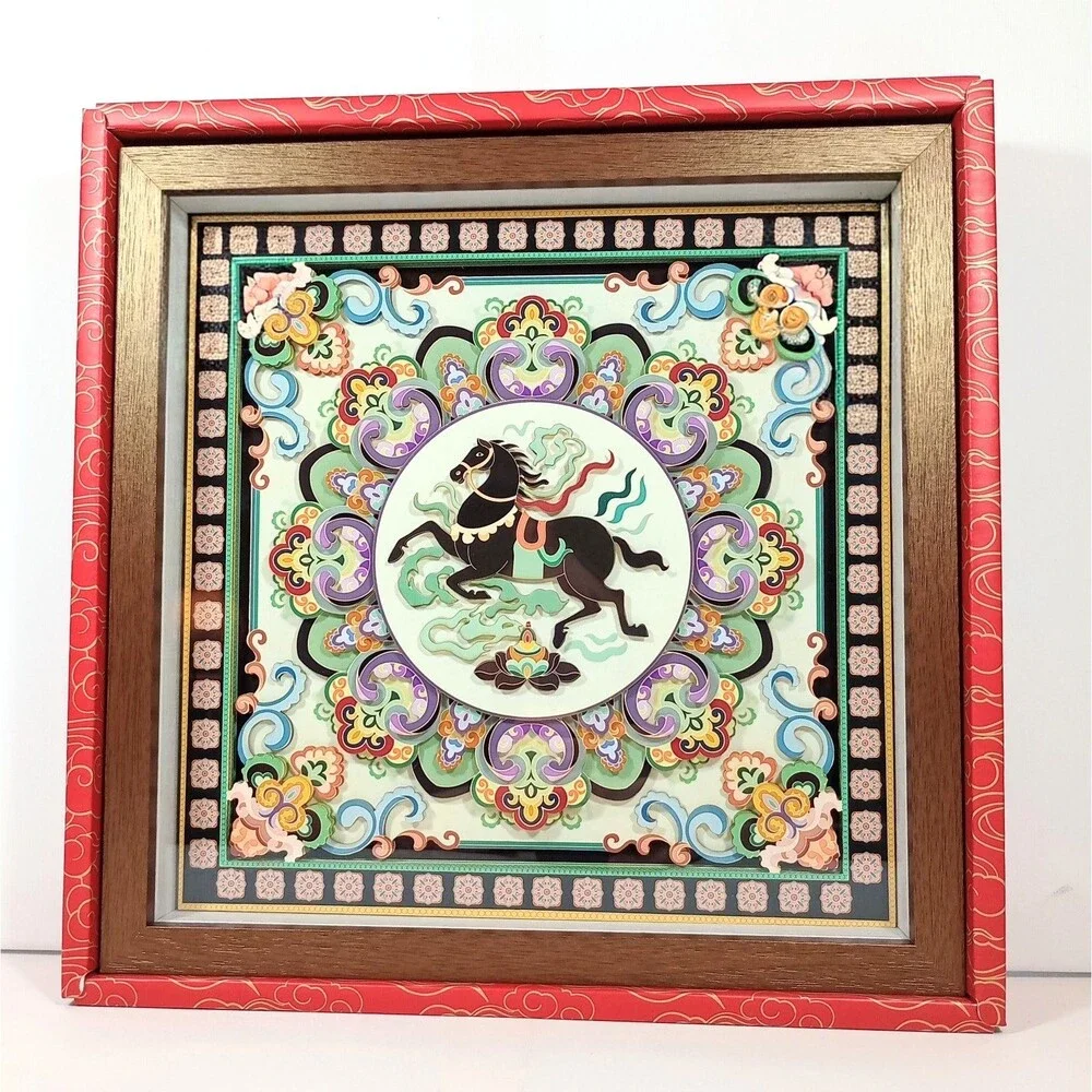 Chinese Intangible Cultural Heritage 3D Paper Carving Shadow Box Horse Artwork